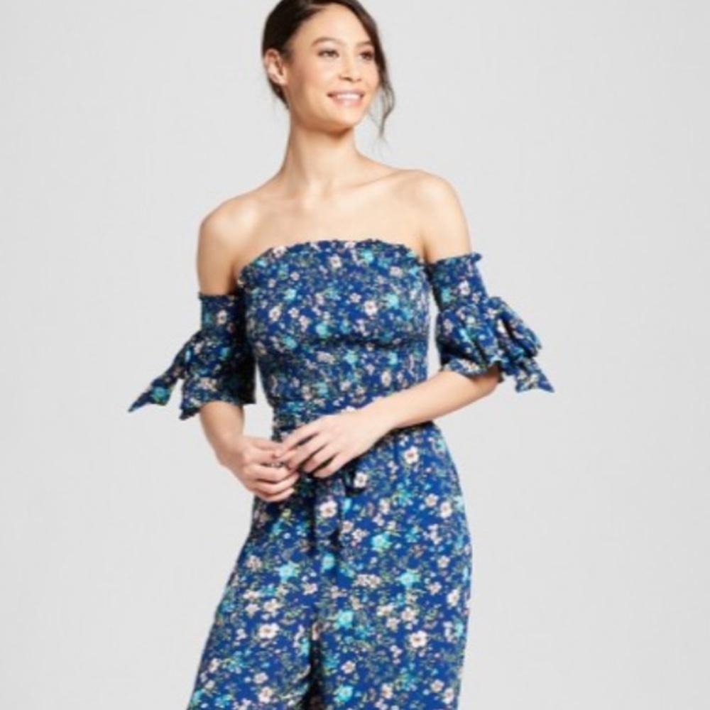 Smocked off the shoulder crop top set with pants